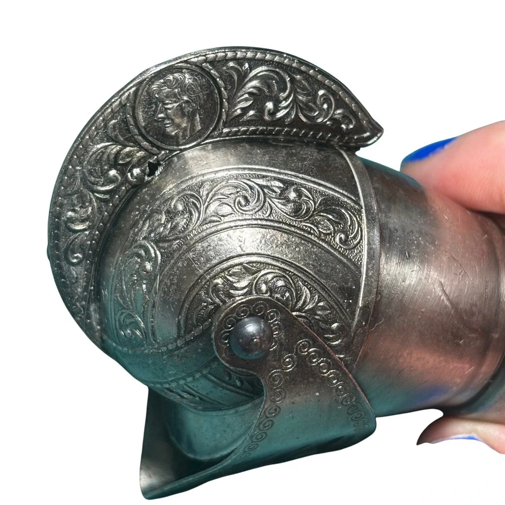 Bottle Pourer Silver Medieval Knight Helmet Movable Visor Embossed Metal Barware